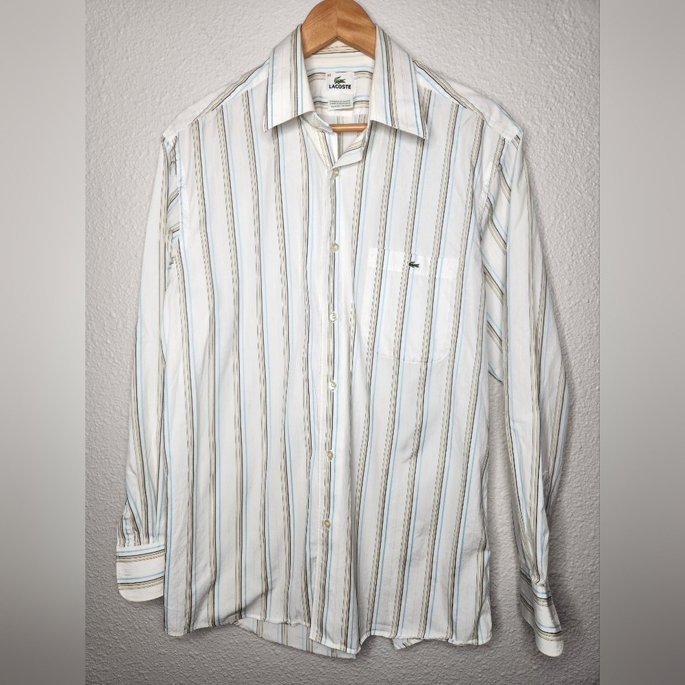 Lacoste Men's White and Blue Striped Long Sleeve Button Down Shirt Size 42